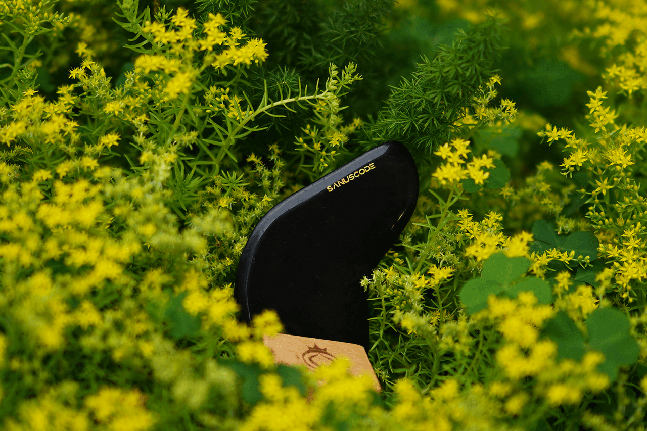 black obsidian body gua sha stone on wood holder surround by yellow flower bush